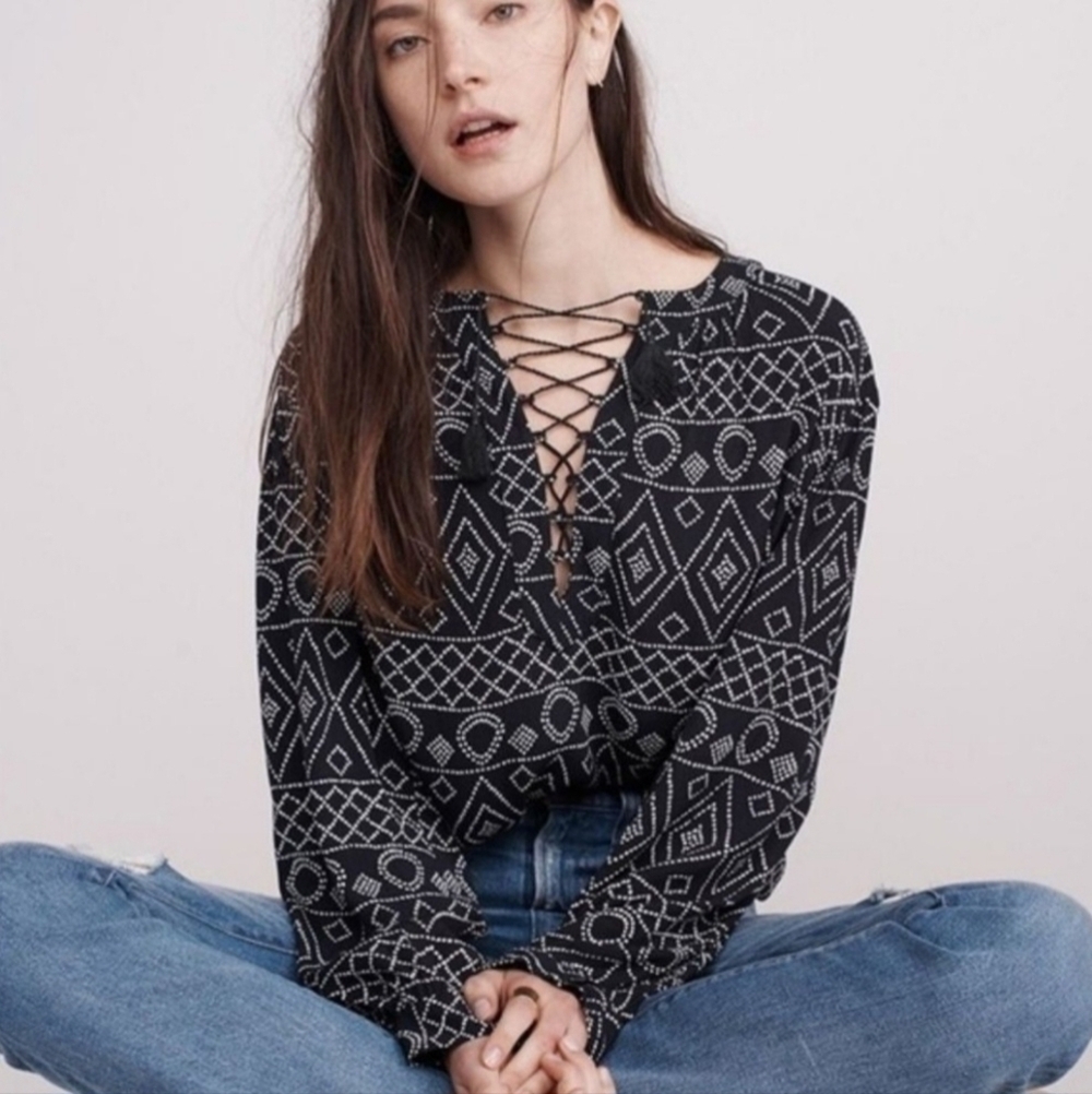 🔥Madewell | Lace Up Peasant Blouse Caravan, Size XXS